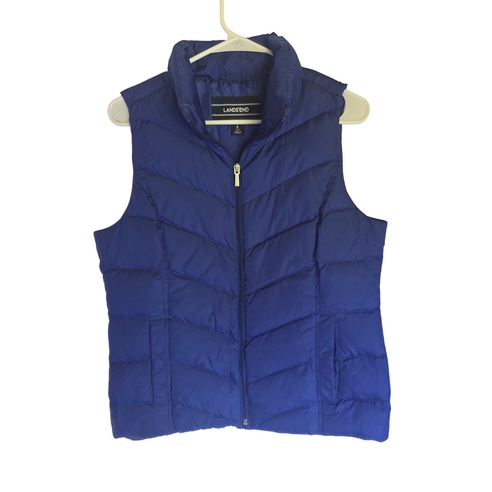 Lands End Womens Royal Blue Down Puffer Vest Chevron‎ Quilted Small 6-8